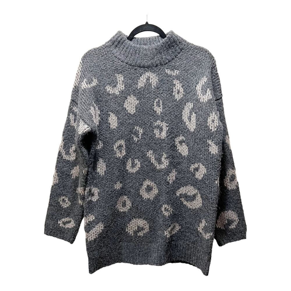 Universal Thread Charcoal Gray Chunky Knit Mock Neck Leopard Print Sweater Sz M
